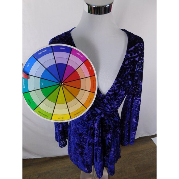 Tobi Dress Womens Small Blue Purple Velvet Burnout Wrap Mini Long Sleeve Cutout - Picture 10 of 13